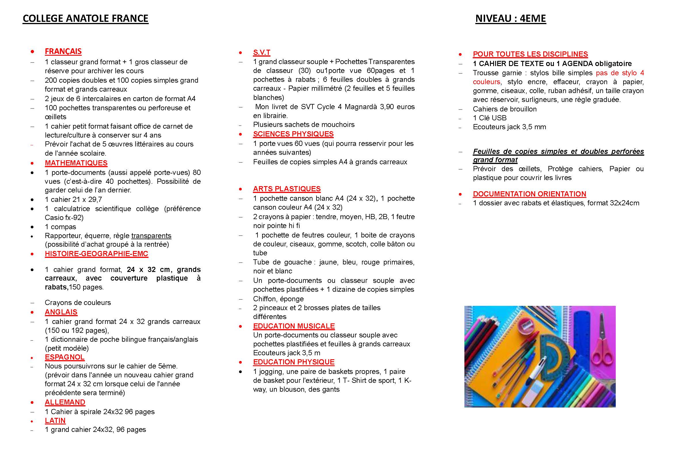 LISTES FOURNITURES SCOLAIRES 4EME